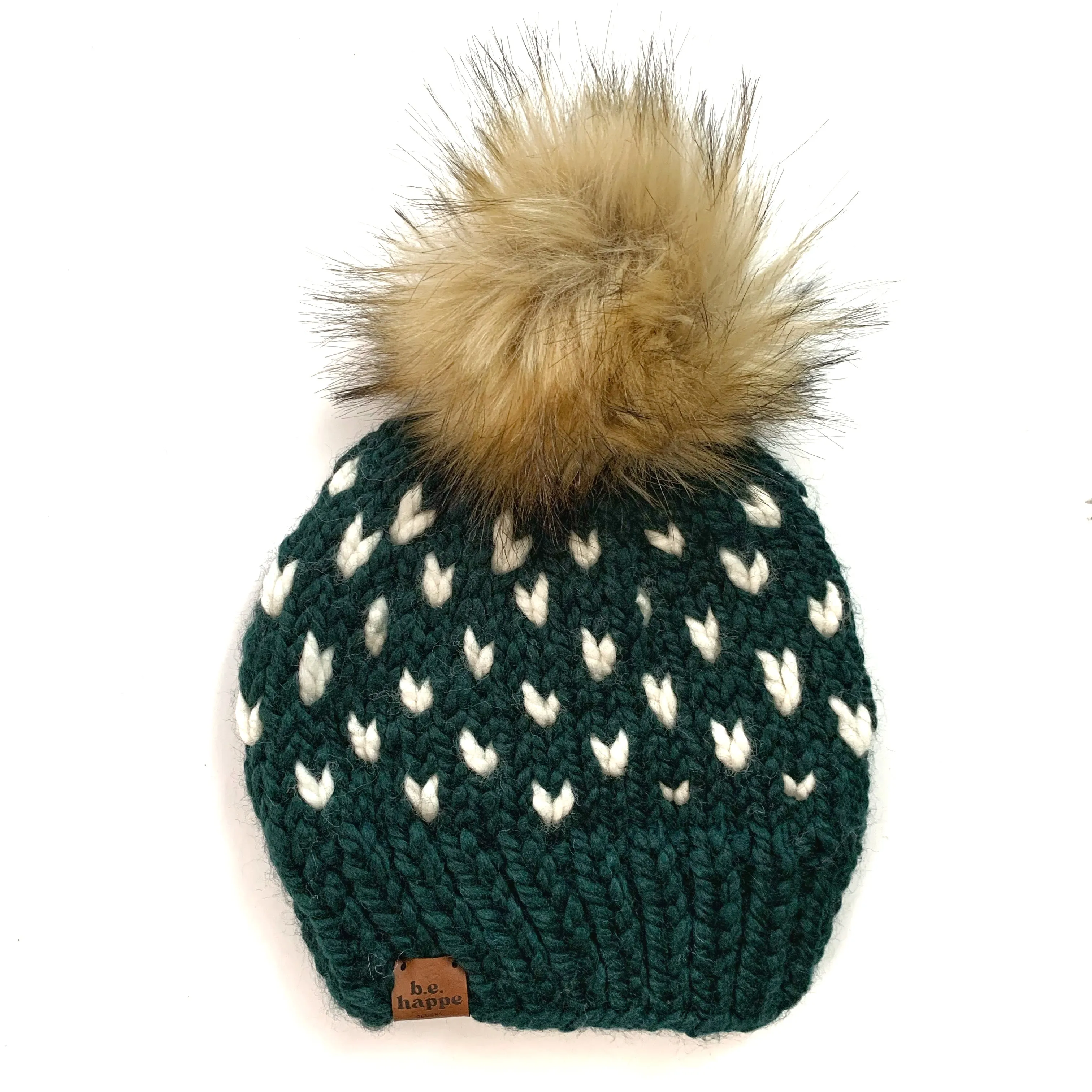 0-3 month Hearts Knit Pom Hat | Dark Green   Off White