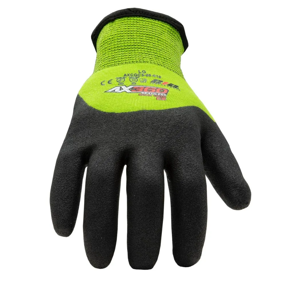 212 Performance AXCGC5-88-009 AX360 Seamless Nitrile-dipped Cut Resistant Cold Weather Hi-Viz Gloves (EN Level 5), Medium Green;Black