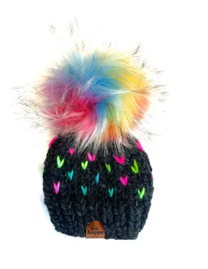 3-6 month Knit Hearts Pom Hat | Gray Rainbow