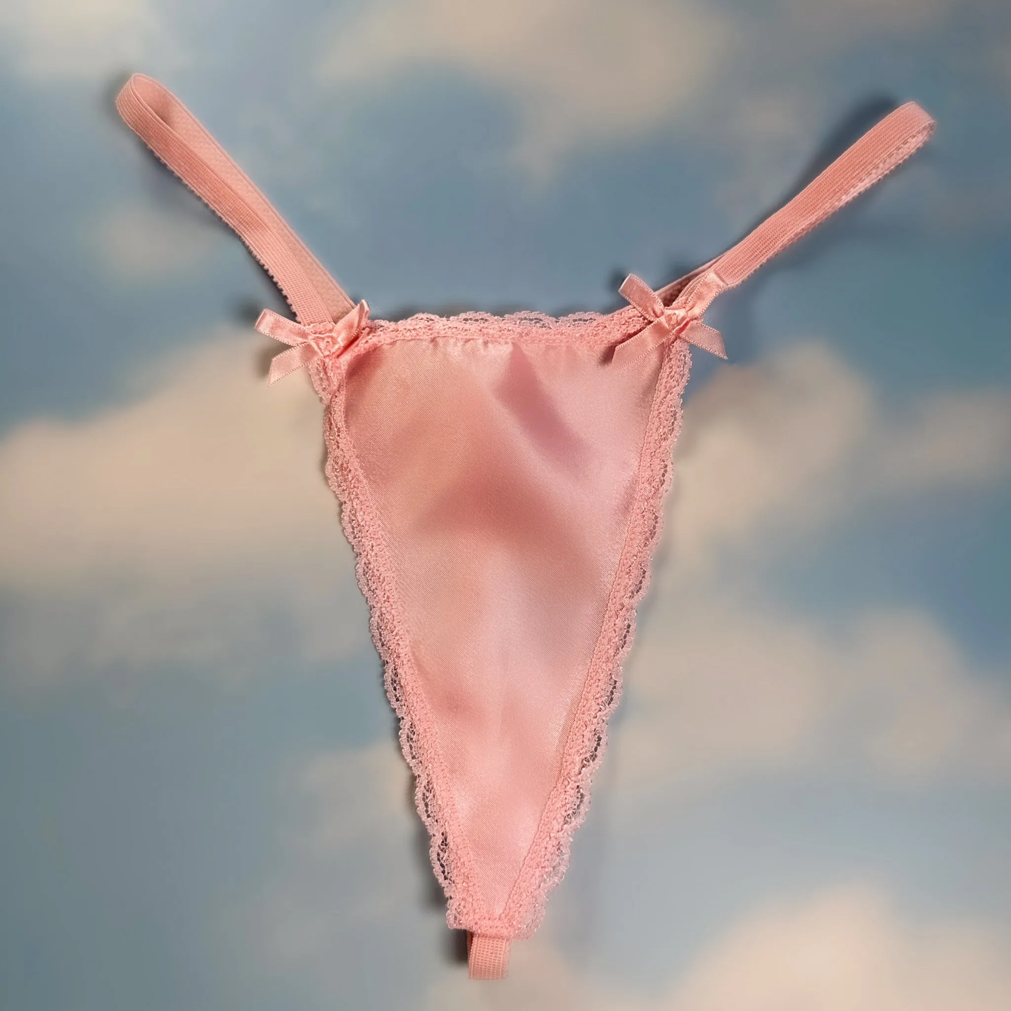 90's Lace Trim G-String Panty | Pastel Pink Satin