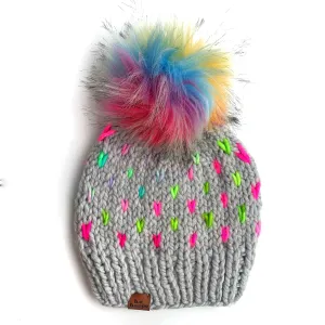 Adult Knit Heart Pom Hat | Thaw Gray Rainbow