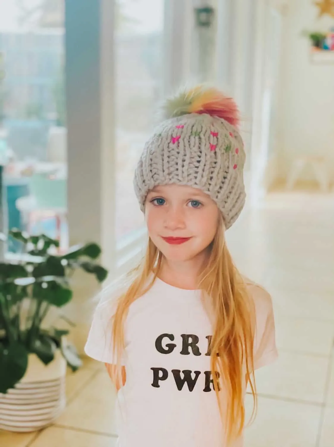 Adult Knit Heart Pom Hat | Thaw Gray Rainbow