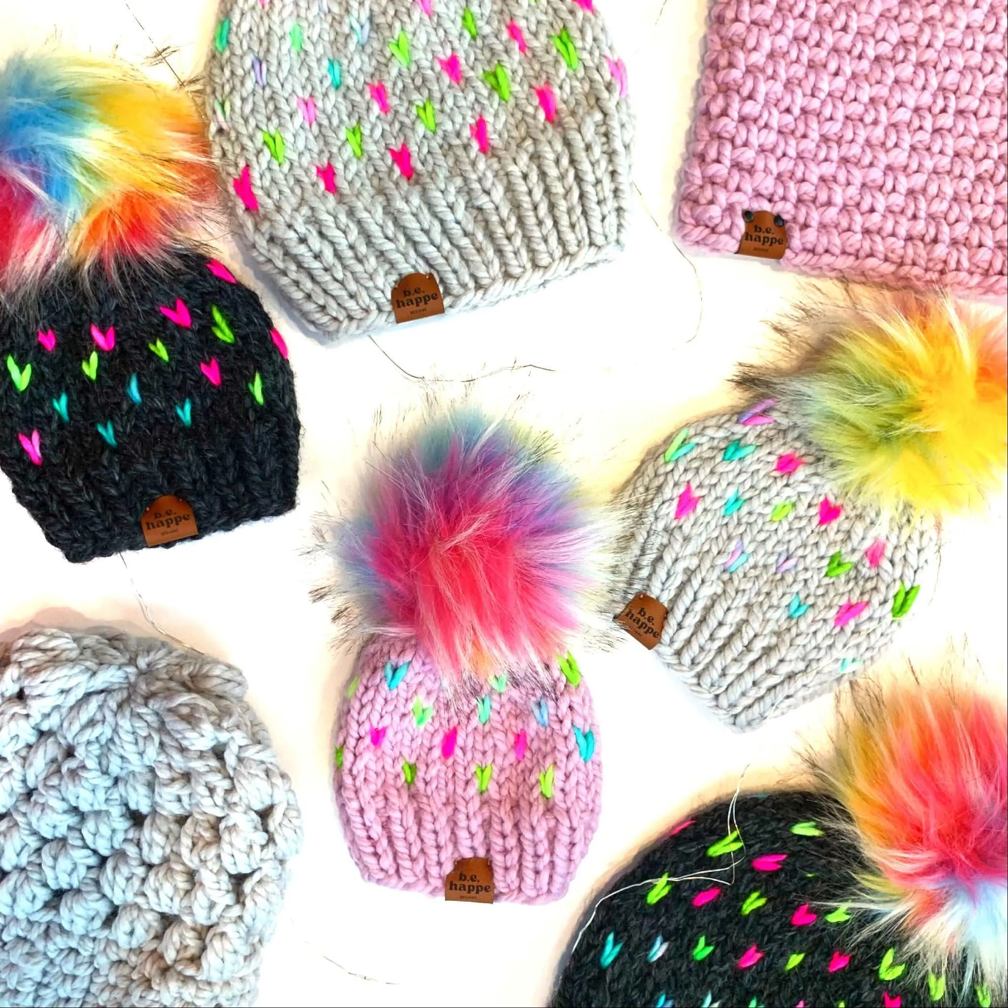 Adult Knit Heart Pom Hat | Thaw Gray Rainbow