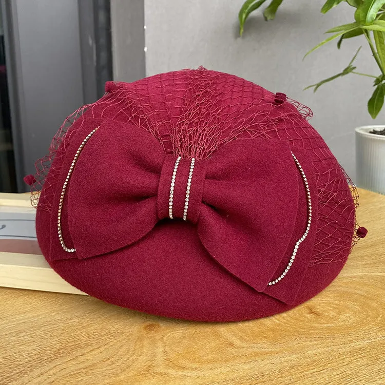 Autumn and Winter Vintage Bow Felt Hat Ladies Lace Mesh Shaped Beret