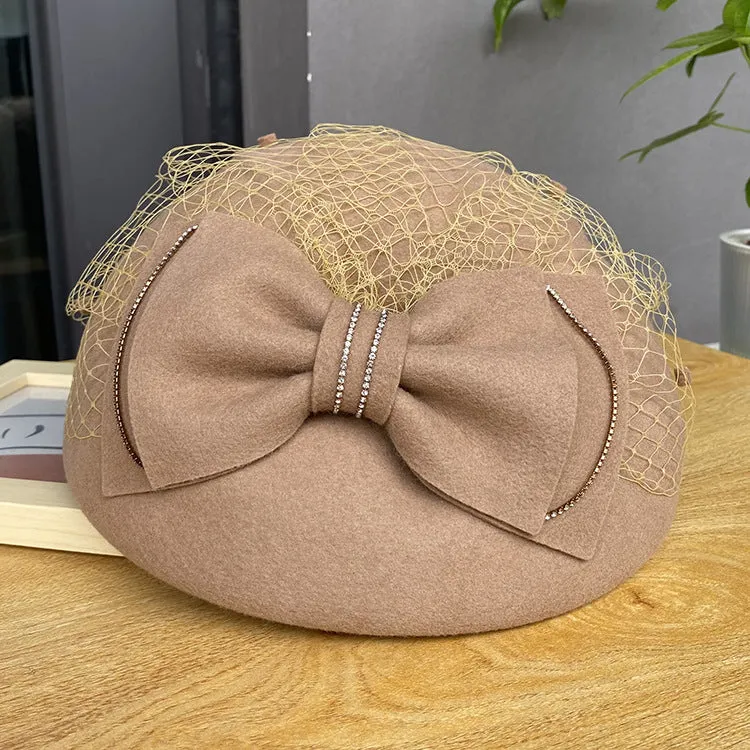 Autumn and Winter Vintage Bow Felt Hat Ladies Lace Mesh Shaped Beret