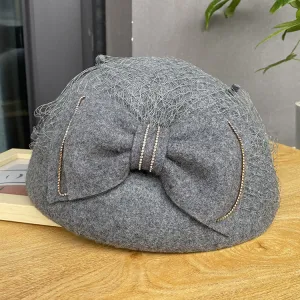 Autumn and Winter Vintage Bow Felt Hat Ladies Lace Mesh Shaped Beret