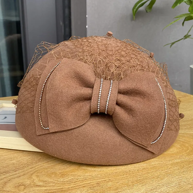 Autumn and Winter Vintage Bow Felt Hat Ladies Lace Mesh Shaped Beret