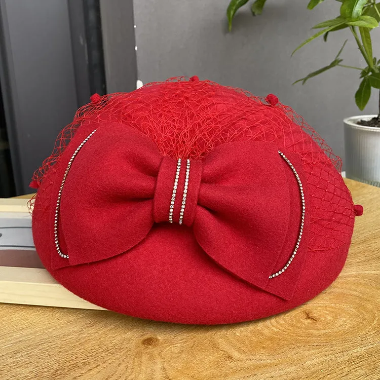 Autumn and Winter Vintage Bow Felt Hat Ladies Lace Mesh Shaped Beret