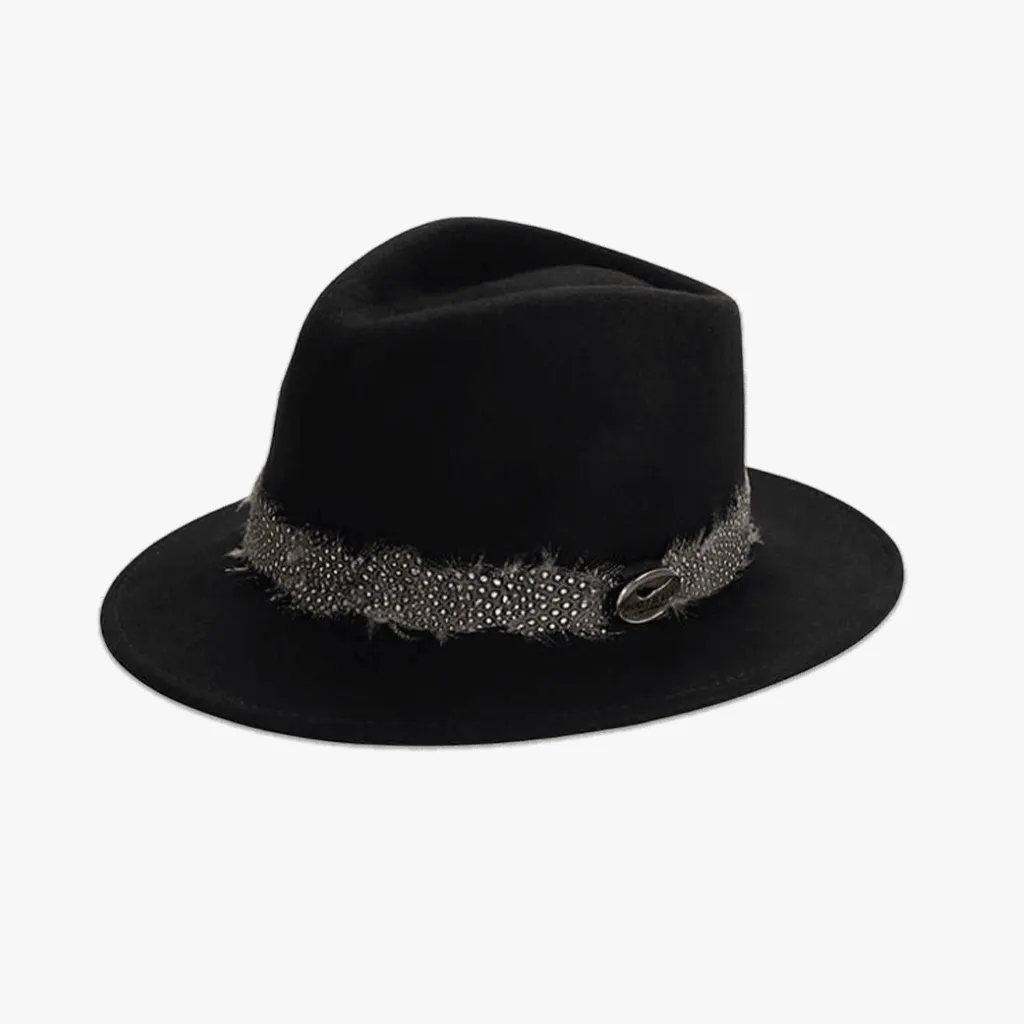 Black Fedora with Guinea Fowl Wrap