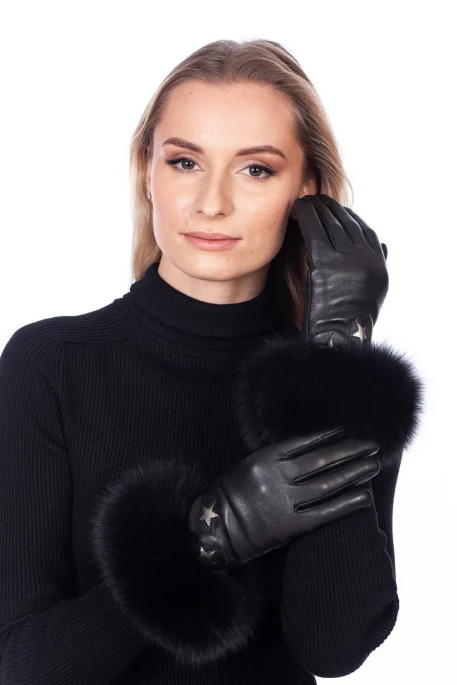 Black Leather Gloves With Fox Fur