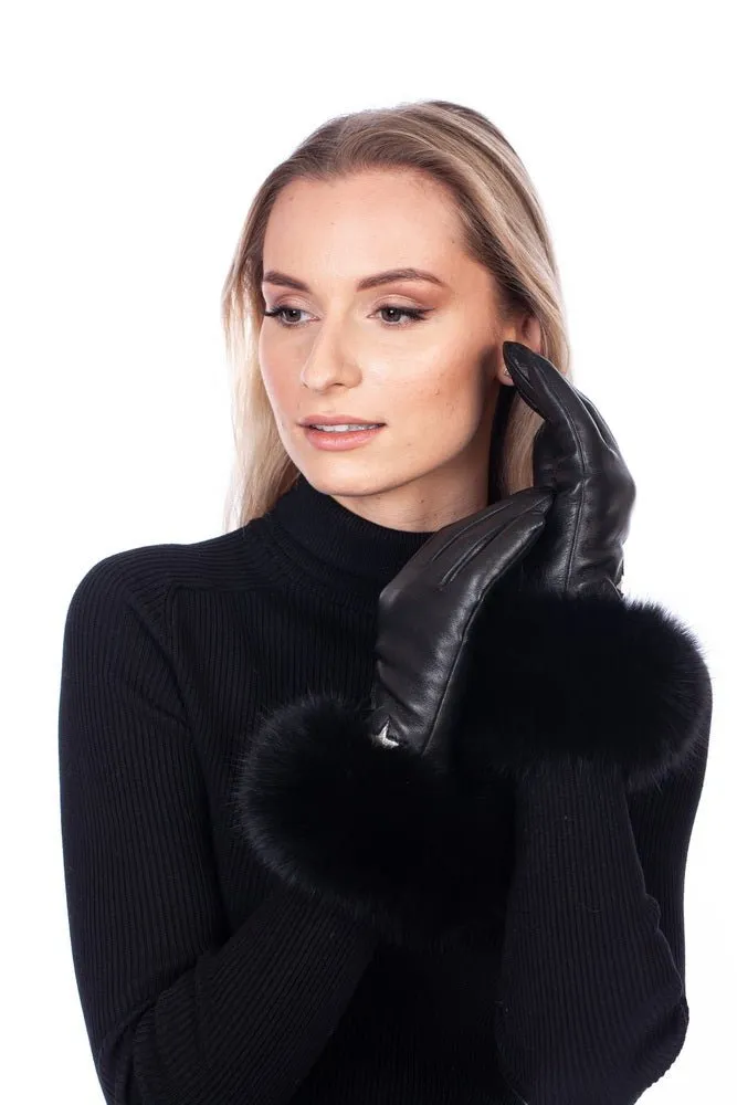 Black Leather Gloves With Fox Fur