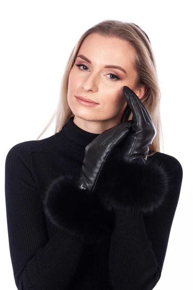 Black Leather Gloves With Fox Fur