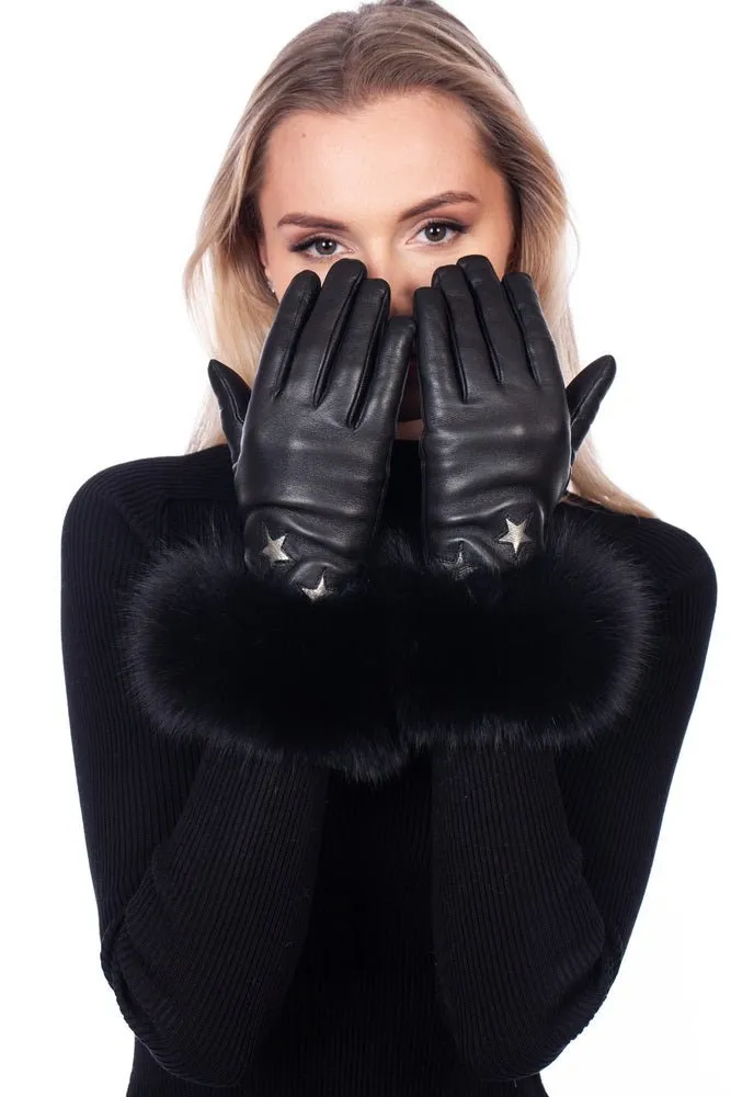 Black Leather Gloves With Fox Fur