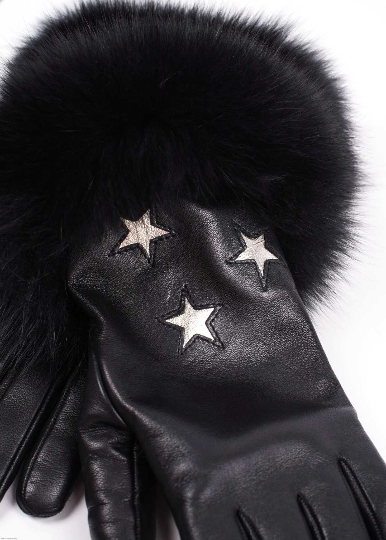 Black Leather Gloves With Fox Fur