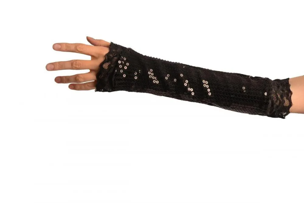 Black Sequin Elbow Party Gloves With Lace