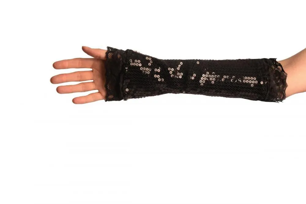 Black Sequin Elbow Party Gloves With Lace