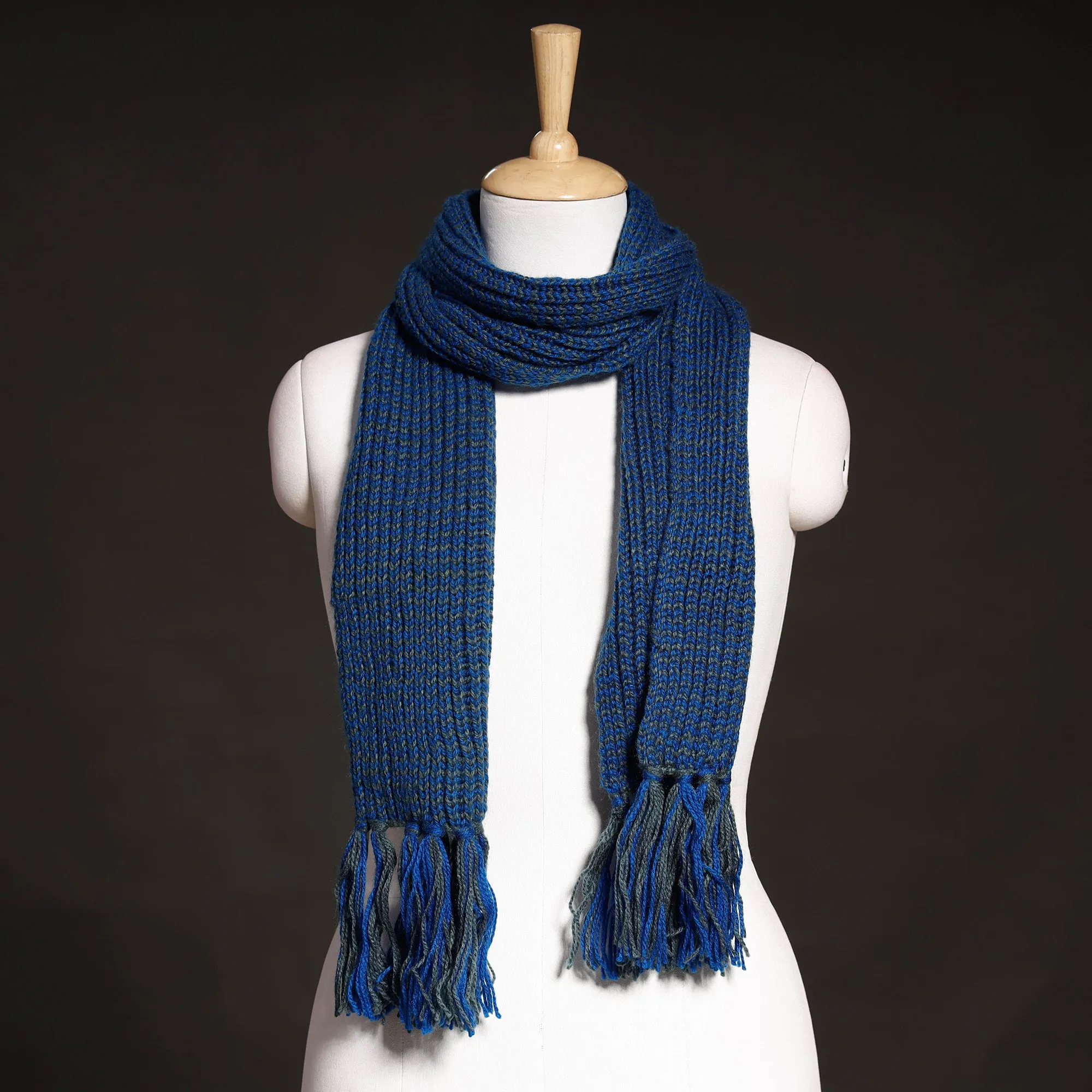 Blue - Kumaun Hand Knitted Woolen Muffler (90 in)