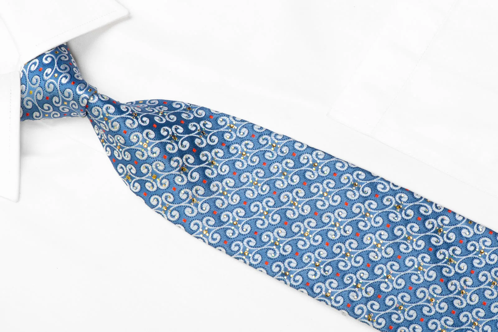 Cabrini Silk Necktie Silver Scrolls On Blue With Rhinestones