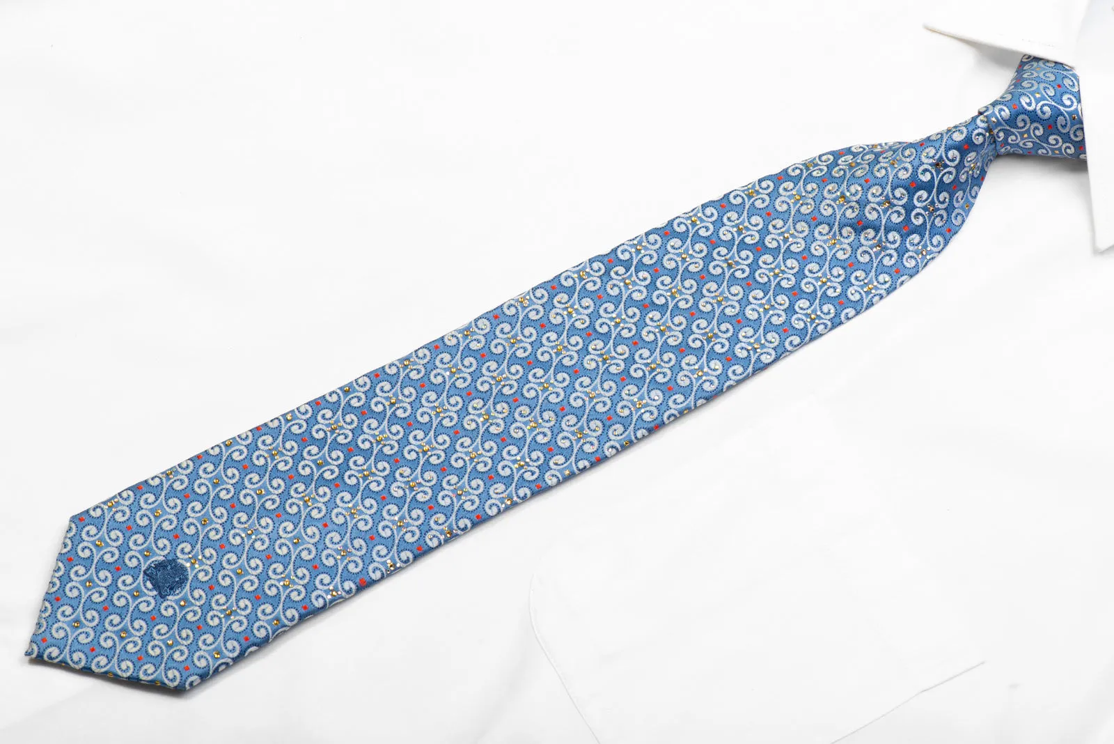 Cabrini Silk Necktie Silver Scrolls On Blue With Rhinestones