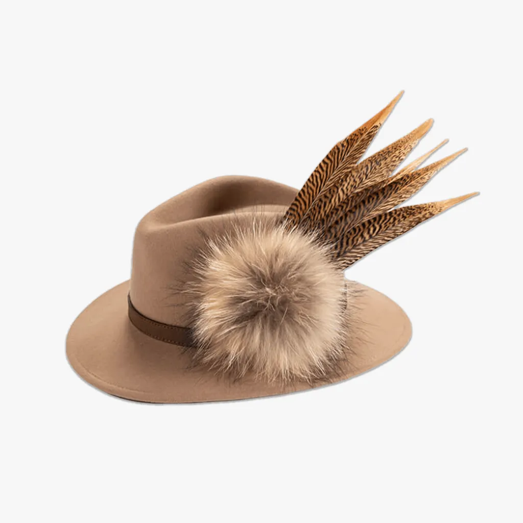 Camel Fedora with Feather Brooch