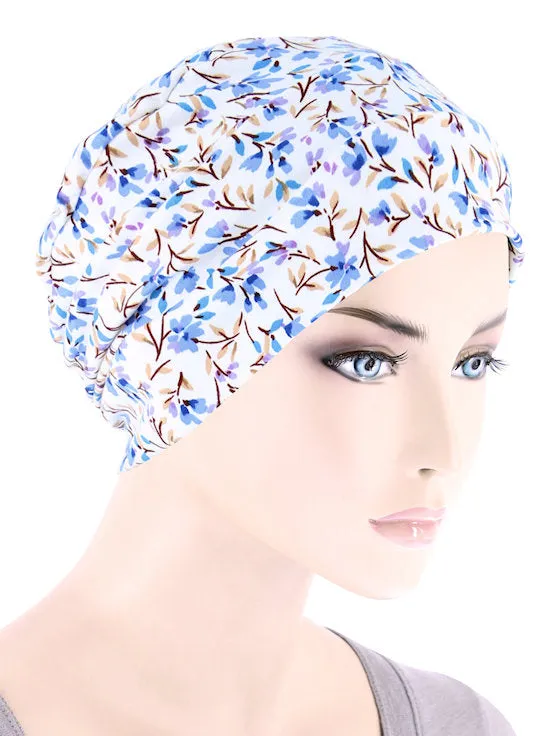 CKC-163#Chemo Cloche Cap in Ivory Periwinkle Blue Petite Floral