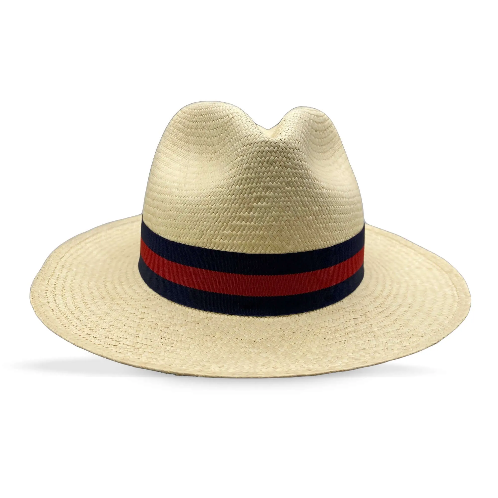 CLASSIC FEDORA STRAW HAT WITH A BLUE AND RED HAT BAND