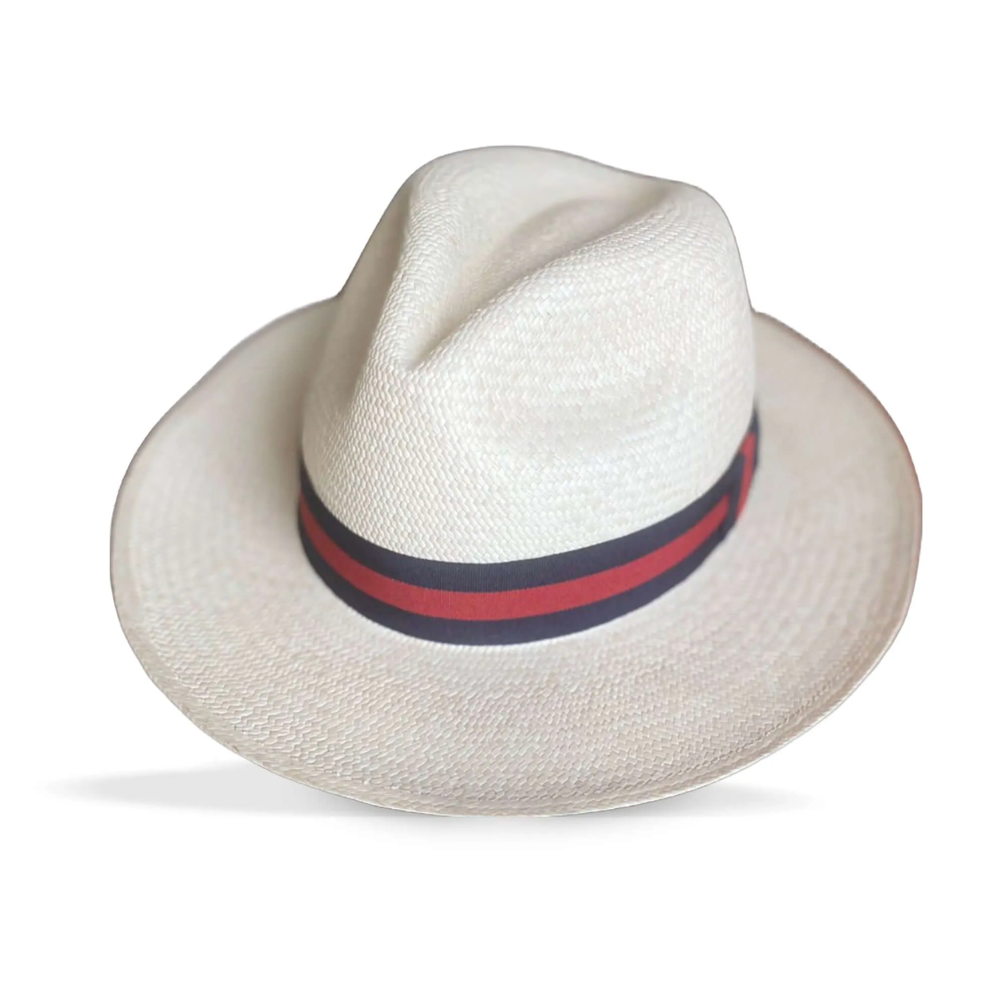 CLASSIC FEDORA STRAW HAT WITH A BLUE AND RED HAT BAND