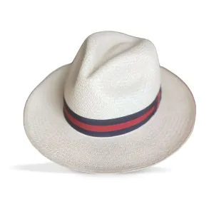 CLASSIC FEDORA STRAW HAT WITH A BLUE AND RED HAT BAND