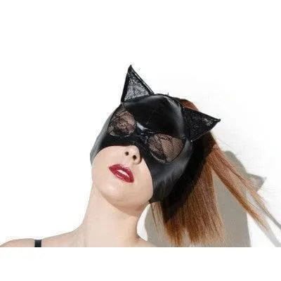 Coquette Cat Mask with Lace Eyes and Ears Black