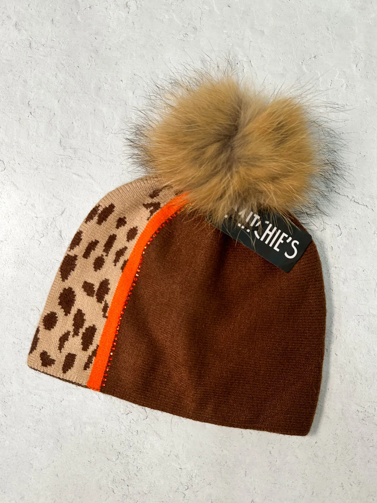 Crystal Stripe Fur Pom Pom Beanie Hat, Brown/Orange