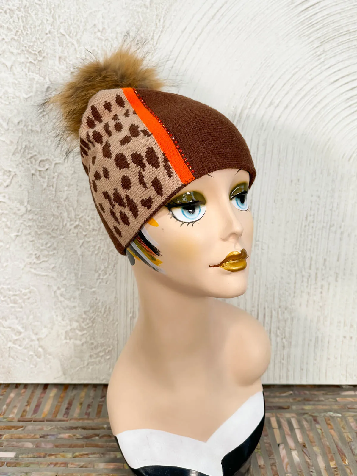 Crystal Stripe Fur Pom Pom Beanie Hat, Brown/Orange