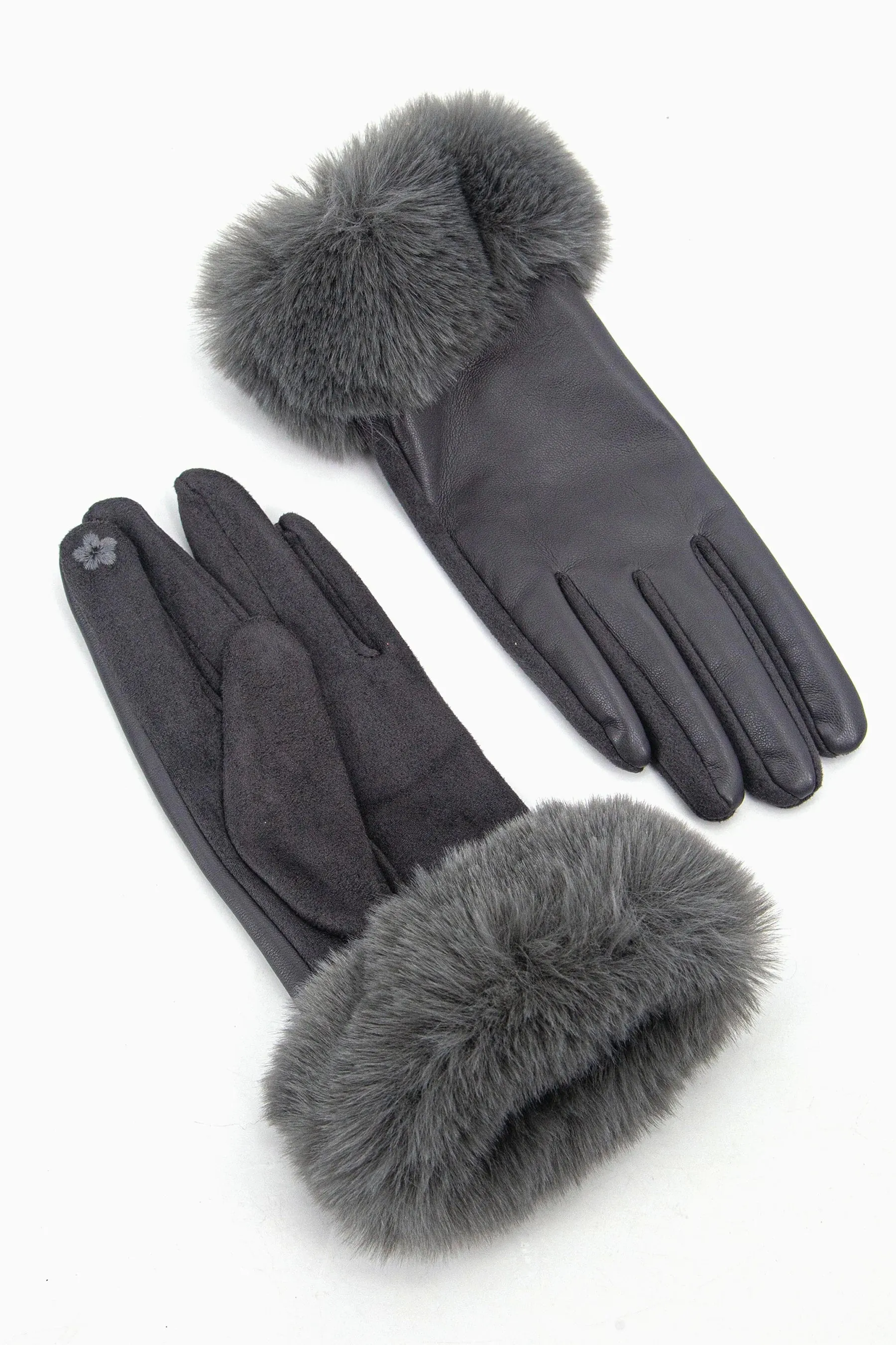 Dark Grey Faux Fur Trim Gloves