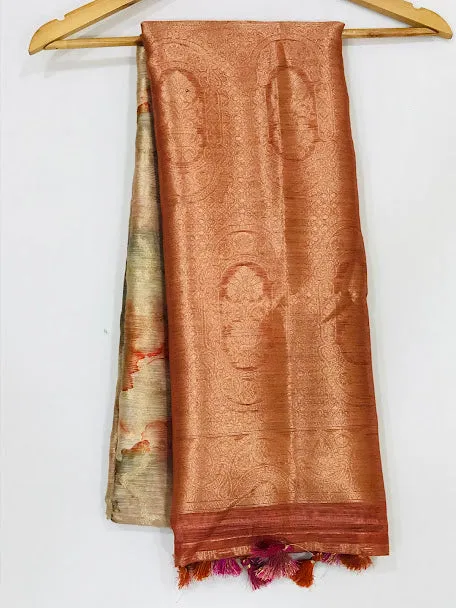 Elegant Orange Colored Floral Designed Saree For Women