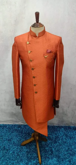 Elegant Orange Silk Sherwani