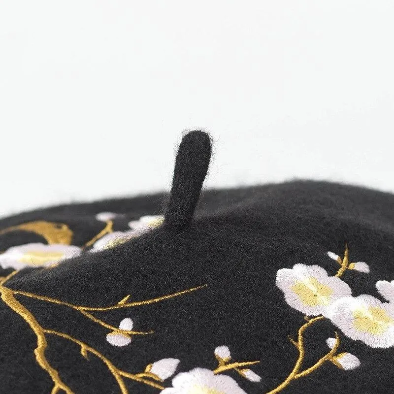 Embroidered Pink Cherry Flowers Wool Beret