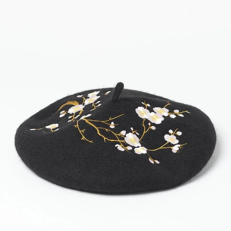 Embroidered Pink Cherry Flowers Wool Beret