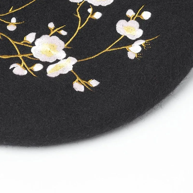 Embroidered Pink Cherry Flowers Wool Beret