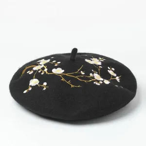 Embroidered Pink Cherry Flowers Wool Beret