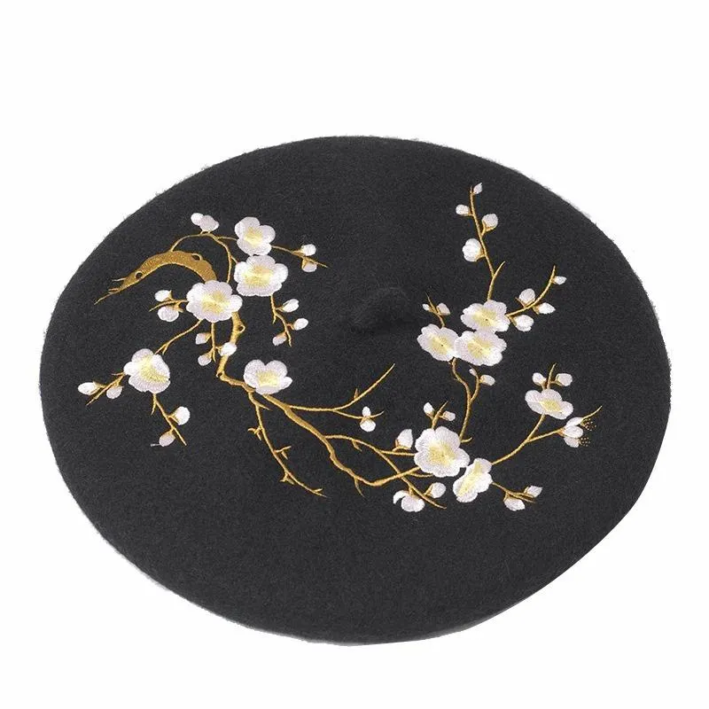 Embroidered Pink Cherry Flowers Wool Beret