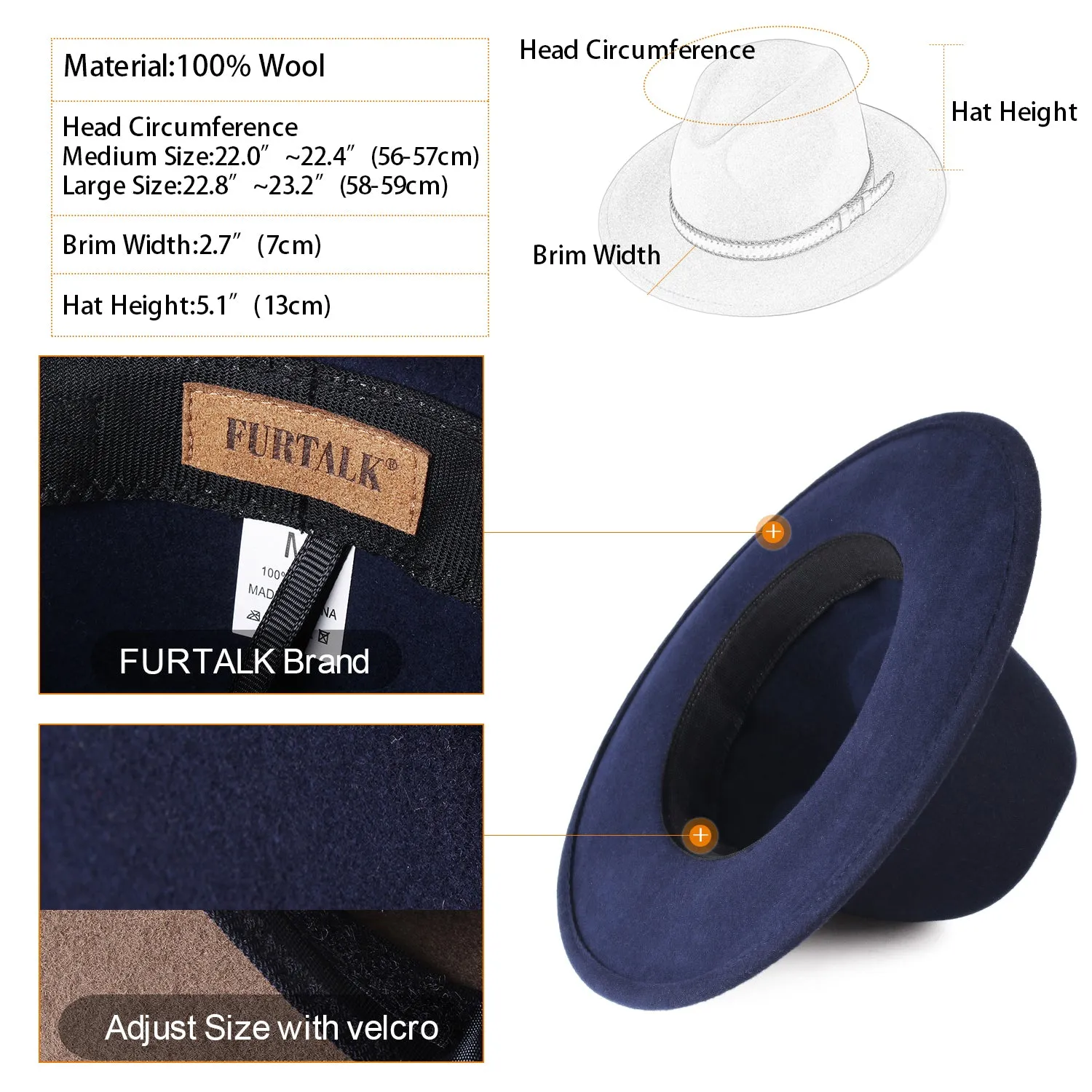 FURTALK Fedora Hats for Men Women 100% Australian Wool Felt Wide Brim Hat Wide Leather Belt Crushable Packable