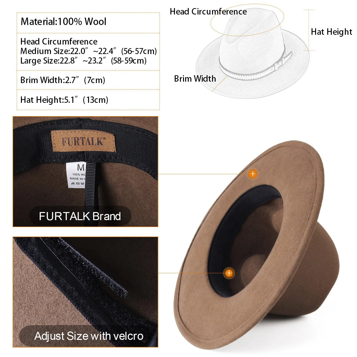 FURTALK Fedora Hats for Men Women 100% Australian Wool Felt Wide Brim Hat Wide Leather Belt Crushable Packable