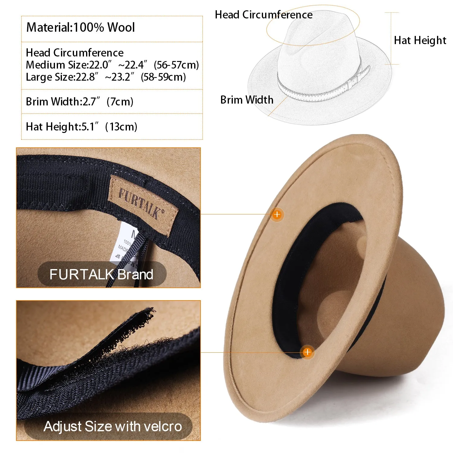 FURTALK Fedora Hats for Men Women 100% Australian Wool Felt Wide Brim Hat Wide Leather Belt Crushable Packable