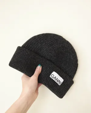 Ganni Wool Rib Knit Beanie, Phantom