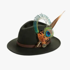 Green Fedora with Feather Brooch