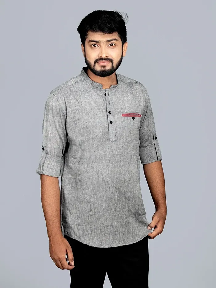 Grey Organic Cotton Men Short Kurta