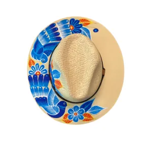 Hand-painted Hat from Mexico- Birds - Straw, Blue, Orange