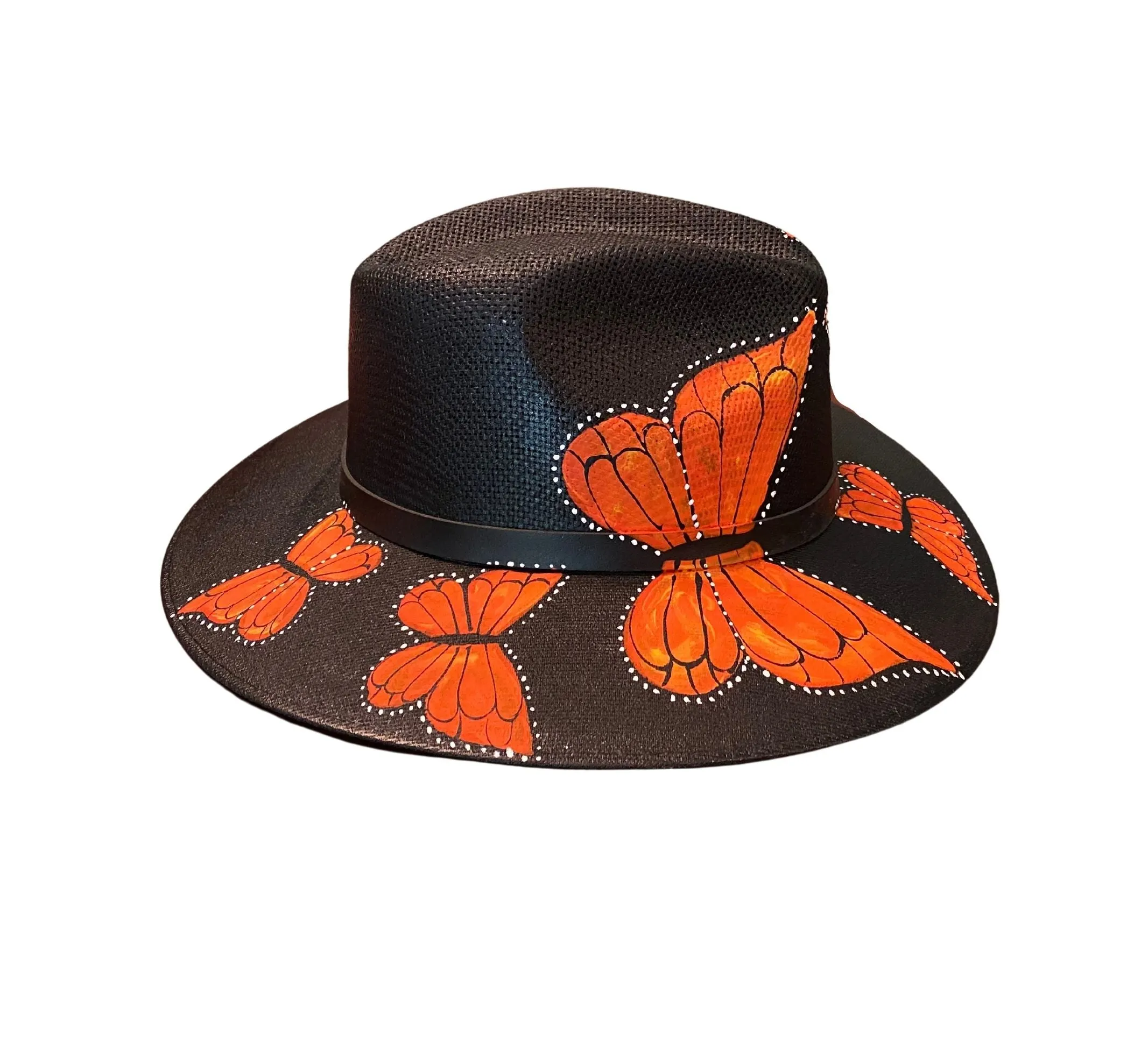 Hand-painted Hat from Mexico - Butterflies -Black, Orange