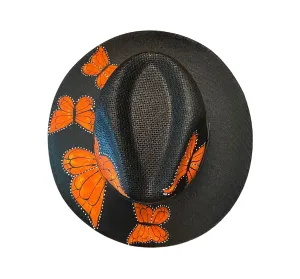 Hand-painted Hat from Mexico - Butterflies -Black, Orange