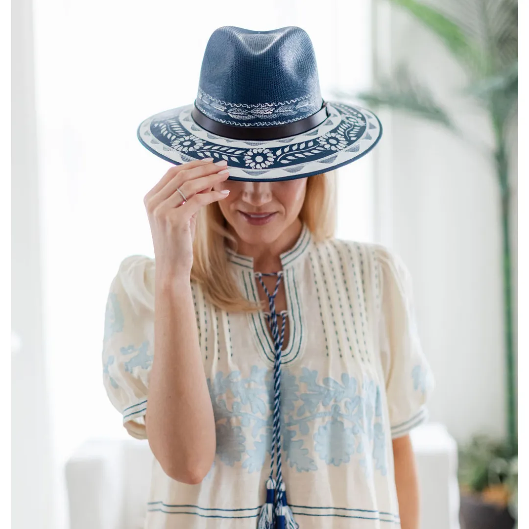 Hand-painted Hat from Mexico - Floral - Blue, White