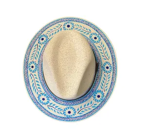 Hand-painted Hat from Mexico - Floral - White, Light Blue, Navy